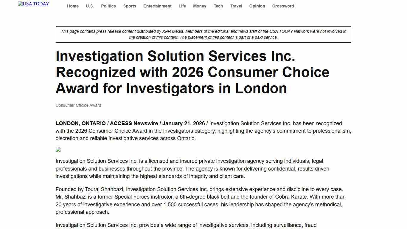 Investigation Solution Services Inc. Recognized with 2026 Consumer Choice Award for Investigators in London - USA Today